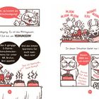 Comic-Illustration: Eine Katze klopft, wartet ungeduldig auf Essen. Zwei Tiere essen gierig. Katze lehnt ab und nutzt ihr Markenzeichen.