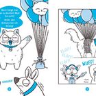 Links: "Dann fangt mal an zu knoten! Aber Vorsicht! Unter den Achseln bin ich kitzlig!" Rechts: "Bereit zum Abflug." Comicstil.