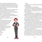 Eine Illustration zeigt eine Lehrerin mit kurzem, rotem Haar im Anzug, die streng aussieht. Text verteilt sich über zwei Seiten.