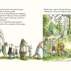 Links: Tiere in einer Schlange. Rechts: Tiere knuddeln in einem Park, umgeben von Bäumen und einer Statue.