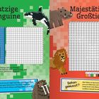 Grüne und rote Seite mit Gittern. Links „Putzige Pinguine“, rechts „Majestätische Großtiere“. Pixelartige Tierabbildungen.