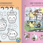 "Mini-Leckerbissen" und "Die Torten kommen!". Malvorlagen von Cupcakes und ein Puzzle mit einem Hasen im Auto.