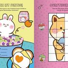 "FRÜHSTÜCK IST FERTIG! DURSTIGER WELPE" Zwei süße Illustrationen: Hase in Müslischale, Hund mit Raster-Malaufgabe.