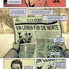 Kapitel 32. Ein Mann liest eine Zeitung mit der Schlagzeile "Ein Leben für die Worte" und denkt nach.