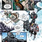 Ein Comic zeigt maskierte Figuren im Schnee, die ein Gebäude beobachten. Eine Figur flieht vor einem Monster.