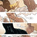 Logo von Batman. Zwei Personen im Bett; einer ist überrascht, die andere raucht und spricht mit Batman im Hintergrund.