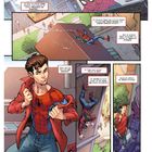Texte: "Wie kommt sie darauf, ich sei eine Bedrohung?", "SPIDER-MAN: EINE BEDROHUNG", "TÄGLICH NEU", "An manchen Tagen [...] Iron Man", "Aber an anderen Tagen [...] Probleme.", "Aber, hey! Es hat mich weit gebracht!", "Ihr fragt euch sicher: [...] Eile?", "Ich verrate es euch! [...] Schuljahres!", "Heute ist nämlich der letzte Schultag!", "Das hoffe ich zumindest."

Beschreibung: Comicseite mit Spider-Man, mehrfach in Aktion dargestellt.