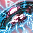 Text: "...THUNDERCLOUD." Illustration eines Raumschiffs mit umgebenden Blitzen vor einem farbigen Himmel.