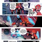 Dialoge über Teamarbeit, Bedrohungen und Zeitspaltung. Rote Charaktere in actionreicher Umgebung, Kameras beobachten.