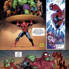 Comic mit Spider-Man, Hulk und anderen Helden. Text über Peter Parker, Überdruss, und plötzliche Stärkeverwandlung.