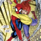 Illustration: Spider-Man schwingt mit Mary Jane durch die Stadt. Texte: „Mary Jane ist zurück!“, „...glücklich!“.