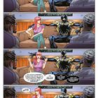 Comic mit fünf Sprechblasen. Eine Frau mit roten Haaren, ein Mann im schwarzen Kostüm und zwei weitere auf einem Sofa.