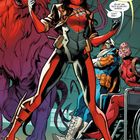 Eine Figur in rotem Kostüm sagt: "Eigenes Kostüm! Genau wie Papa!". Daneben ein großes, flauschiges Wesen.