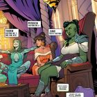 Comic-Stil: Drei Frauen auf einem Thron. Texte: "Thorn, Ehefrau Nr. 3 ... und eine Hexe", "Myrren, Ehefrau Nr. 2", "Juno, erste Ehefrau".