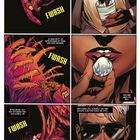 Eine Comicseite mit sechs Panels: Gewalt, Hände, rote Lippen. Texte: Verbrechen, Fwash-Sound, Sorgfalt beim Töten, Eiswürfel, kauen.