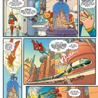 Ein Comic mit einer Frau in blau-rotem Outfit, die eine Katze und einen Hund hat. Ein futuristischer Zug entgleist.