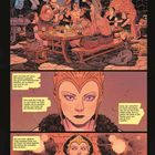 Eine Gruppe in mittelalterlichem Ambiente isst und trinkt an einem Tisch. Eine Frau mit Krone blickt ernst.