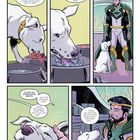 Mehrere comicartige Panels: Ein Mann redet über Prognosen und Optionen, während ein Hund namens Krypto isst und gestreichelt wird.