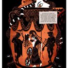 Oben: "Wen jedoch von Anfang an das Unheil verfolgt, kann nichts dagegen tun."  
Mitte: Antike rot-schwarze Vasenillustration mit mythologischen Figuren.