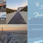 Text: "Juist. Nicht umsonst wird die kleine Insel in der Nordsee 'Töwerland' genannt…" Es folgen romantische Beschreibungen der Insel Juist als ruhigen, besonderen Ort, mit Fokus auf der Natur und Gastfreundschaft.

Das Layout enthält mehrere Fotos:
- Strandkörbe bei Sonnenuntergang.
- Holzsteg, der durch Dünen führt.
- Person mit Koffer am Hafen.
- Sandkunstwerk am Strand bei Sonnenuntergang.

Illustration von Muscheln oben rechts.