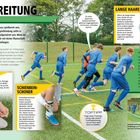 „Vorbereitung auf den Anstoß“, „Lange Haare“, „Aufwärmeinheit“, „Gute Schuhe“, „Schienbeinschoner“, „Toptipp“. Jugendliche beim Fußball.