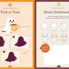 Links: "Schattenrätsel Trick or Treat" mit einem süßen Geisterrätsel. Rechts: "Kleine Zeichenschule" für eine Eule, Schritt-für-Schritt Anleitung.