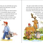 Links: Ein Mann trägt einen Waschbären in einer Drahtbox, neigt pfeifend den Kopf. Rechts: Tiere mit Feuerwehrhelmen.