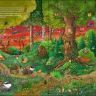 Die Abendsonne taucht den Himmel in Rot. Eine Waldszene mit Fuchs, Bären und Igeln, spielenden Tieren und einem heulenden Wolf.