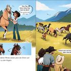 Ein Mädchen beruhigt ein Pferd, während eine Gruppe von Pferden auf einer Wiese galoppiert. Drei Menschen beobachten sie.