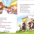 Illustration: Zwei Fußballteams stehen sich entschlossen gegenüber. Aufmunternde Rufe: „Diesmal gewinnen wir!“ Ein Junge bleibt still.