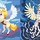  Links ein buntes Einhorn mit Flügeln, rechts ein geometrischer Vogel aus nummerierten Teilen in blauem Hintergrund.