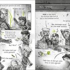 Eine schwarz-weiße Comic-Illustration zeigt verschiedene Charaktere in einem Klassenraum und draußen im Gespräch.