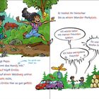 Ein Mädchen hüpft fröhlich auf einem Waldweg, ein Junge folgt. Sie diskutieren über Freunde. Bäume und Tiere sind sichtbar.