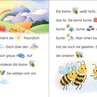 Links Text mit Sonne, Wolken und Regenbogen. Rechts drei Bienen mit Blumen, Schmetterlingen, Vögeln und Insekten.