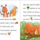 Text mit Illustrationen von Eichhörnchen, Baum, Blättern. Links: drei Eichhörnchen; rechts: zwei auf einem Ast.
