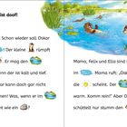 Texte: Wasser ist doof! Oh nein! Schon wieder soll Oskar ins Wasser! Illustration zeigt spielende Otter.
