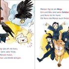 Text beschreibt, wie Meister Ogi mit Rabe Koru Ninja-Tricks übt. Emi, Riku und Hund Nono sind seine Schüler. Farbenfrohe Illustration.