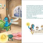 Ein Text erzählt von einem Gewitter und einem Familienfrühstück. Illustration: Mädchen und blaue Kreatur in einem Kinderzimmer.