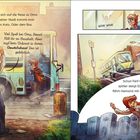 Henri freut sich auf die Reise zu Oma. Elli steigt ein. Illustration: Personen verabschieden sich am Bus und unterhalten sich darin.