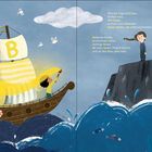 Text über blaue Tage und Veränderungen durch Freunde. Links ein Schiff mit gelben Segeln, rechts eine Person auf einem Felsen.