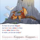 Text oben: Ihr Nest ist auf den Klippen. Illustration von drei fliegenden Dinosauriern auf einem Felsen.