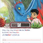 Ein blau-roter Drache, ein Kind mit Telefon vor Radio. Tasse und Teekanne mit Punkten, eine Schlange von UFO hängend.