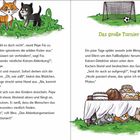 Links spionieren zwei Katzen Kinder beim Spielen aus. Rechts sitzen Katzen unter einem Kuchenstand neben einem Fußballtor.