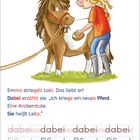 Emma striegelt Loki. Dabei erzählt sie von einem neuen Pferd namens Leila. Illustration: Mädchen pflegt ein Pony.