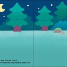 Texte: "Im Wald", "Huhuuu! Hörst du den Ruf der Eule?" 

Illustration: Nachtszene im Wald mit Bäumen, Mond, Sternen und Pilzen.