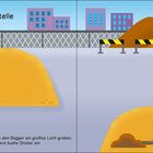 „Auf der Baustelle“. Zwei Erdhaufen vor Bauzäunen und Hochhäusern, Absperrung im Hintergrund.