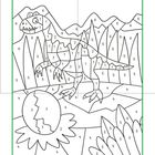 Eine Ausmalillustration mit Zahlen: Ein Dinosaurier, Berge, Ei und Pflanzen. Zahlen 1-6 kennzeichnen Farben unten: Rot, Grün.