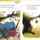 Links: Tiere gehen zu einem Rennen. Rechts: Jim ist glücklich und entspannt an einem Baum. Illustrationen mit Waldszene.