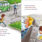 Links läuft ein Junge zu einem grünen Auto, rechts sitzt er mit einem Mann im Auto. Beide lächeln und unterhalten sich.