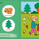 "Im Park" zeigt eine Illustration mit einer Blume, Eichhörnchen, Biene und Baum. Eine Person schiebt einen Kinderwagen.